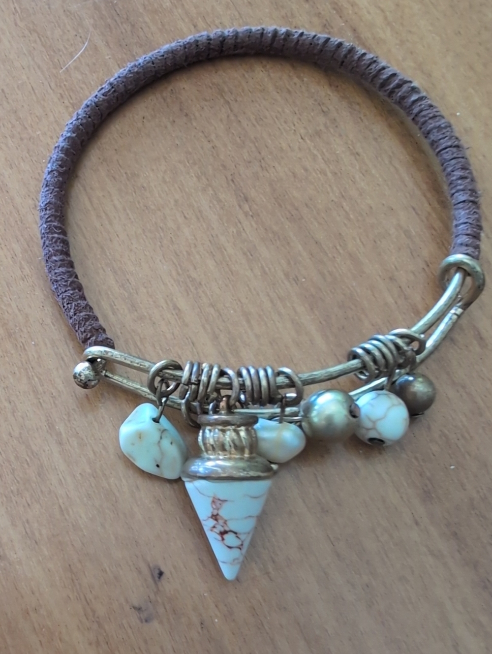 Boho Brown Material Bracelet with White Pearl And Bead Charms